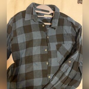 Blue / green and black flannel.  Button down, L.